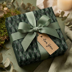 Forest pine tree Christmas wrapping paper with sage green ribbon and gift tag by Wrapped Studios.