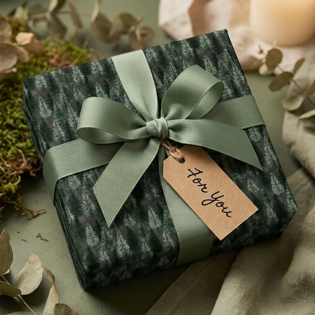 Forest pine tree Christmas wrapping paper with sage green ribbon and gift tag by Wrapped Studios.