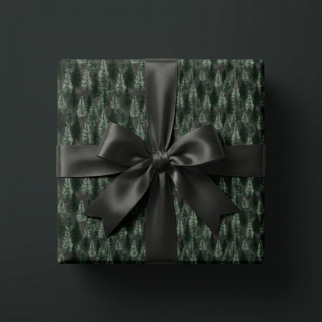 Dark pine forest Christmas gift wrap with luxury black satin bow by Wrapped Studios.