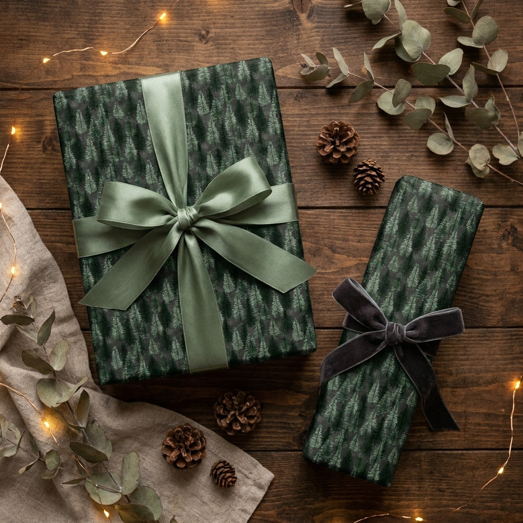 Forest pine tree Christmas wrapping paper with a sage satin bow on rustic wood, by Wrapped Studios.