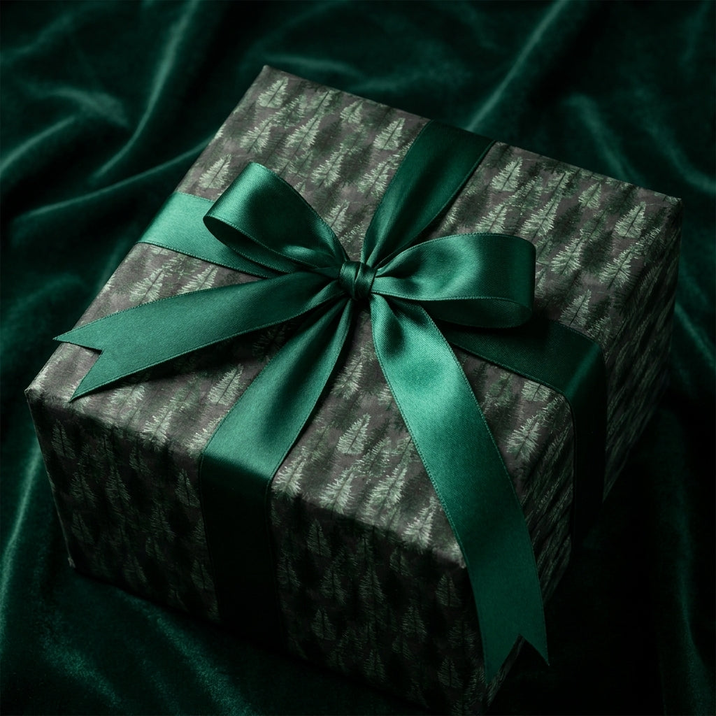 Luxury Christmas gift wrap with an emerald forest tree pattern and satin bow by Wrapped Studios.