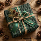 Forest green Christmas gift wrap with a pine tree pattern, tied with a rustic twine bow by Wrapped Studios.