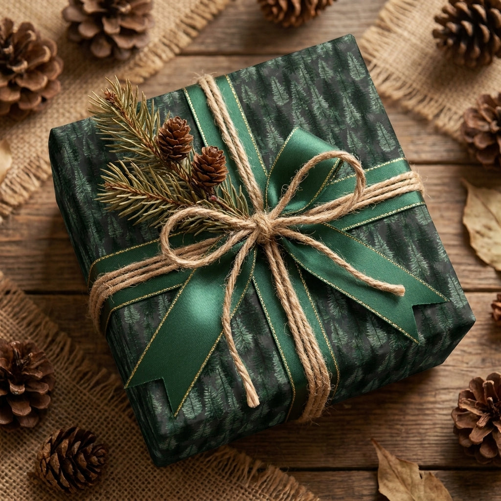 Forest green Christmas gift wrap with a pine tree pattern, tied with a rustic twine bow by Wrapped Studios.