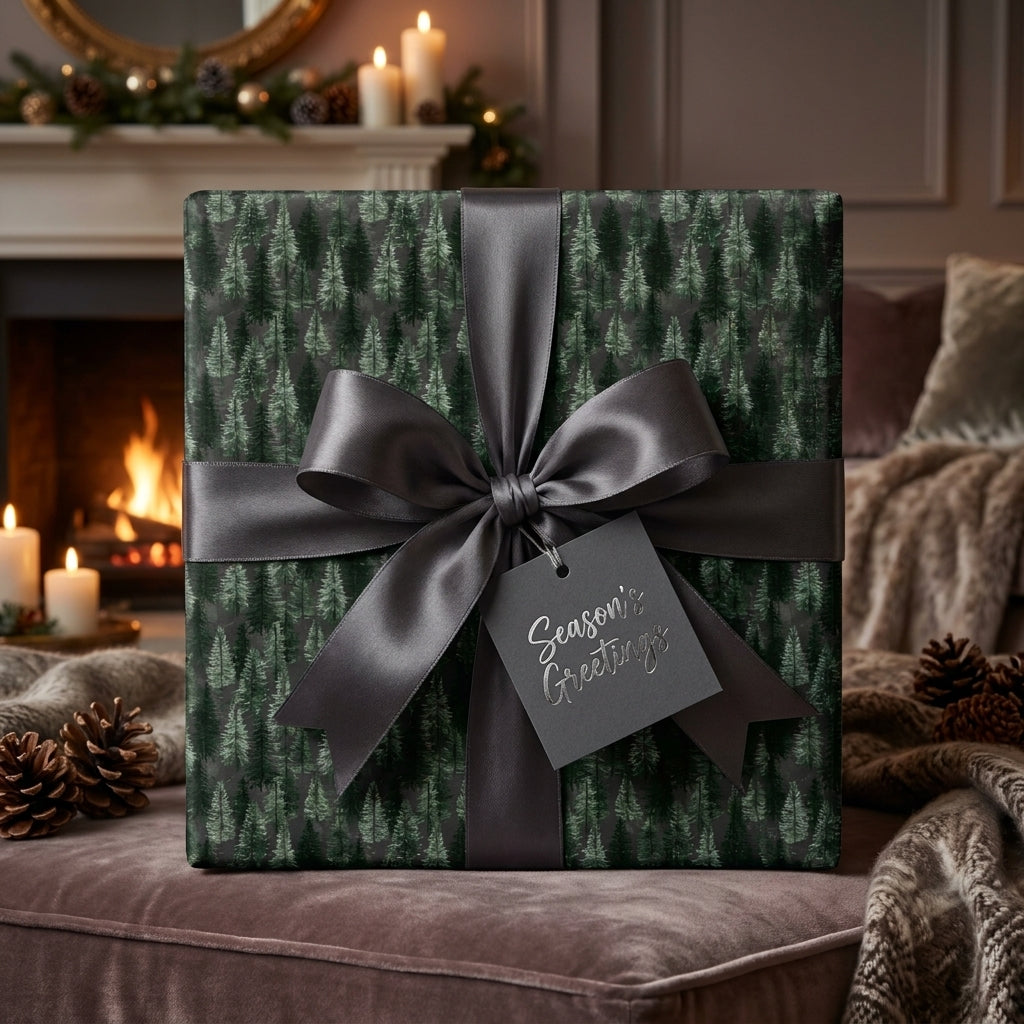 Dark green pine tree holiday wrapping paper with a luxury grey satin bow by Wrapped Studios.