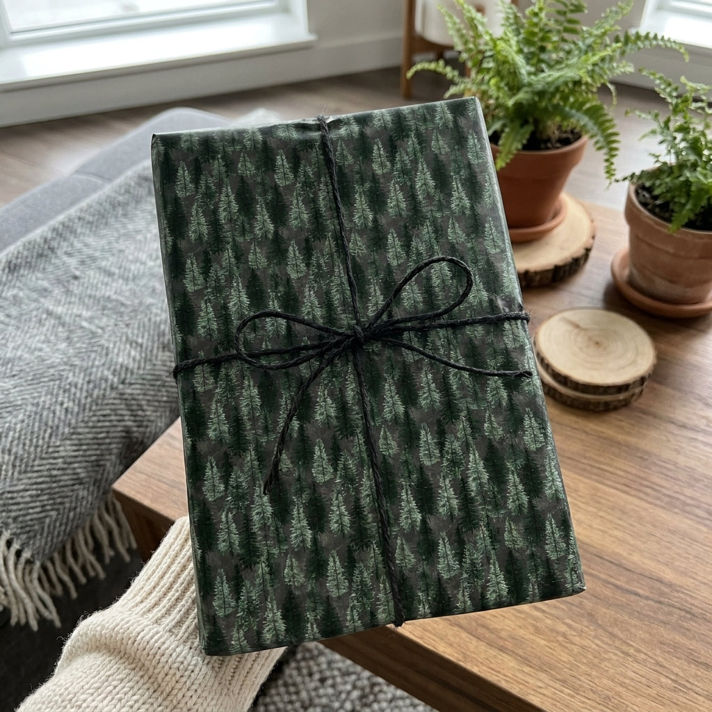 Rustic pine tree Christmas wrapping paper with a black twine bow by Wrapped Studios.