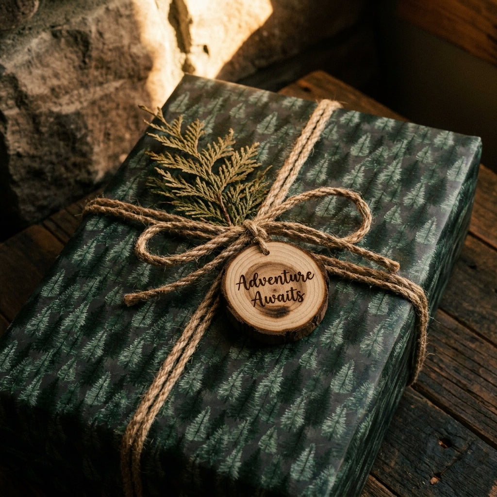 Rustic forest green pine tree wrapping paper with a twine bow and wood slice tag by Wrapped Studios.