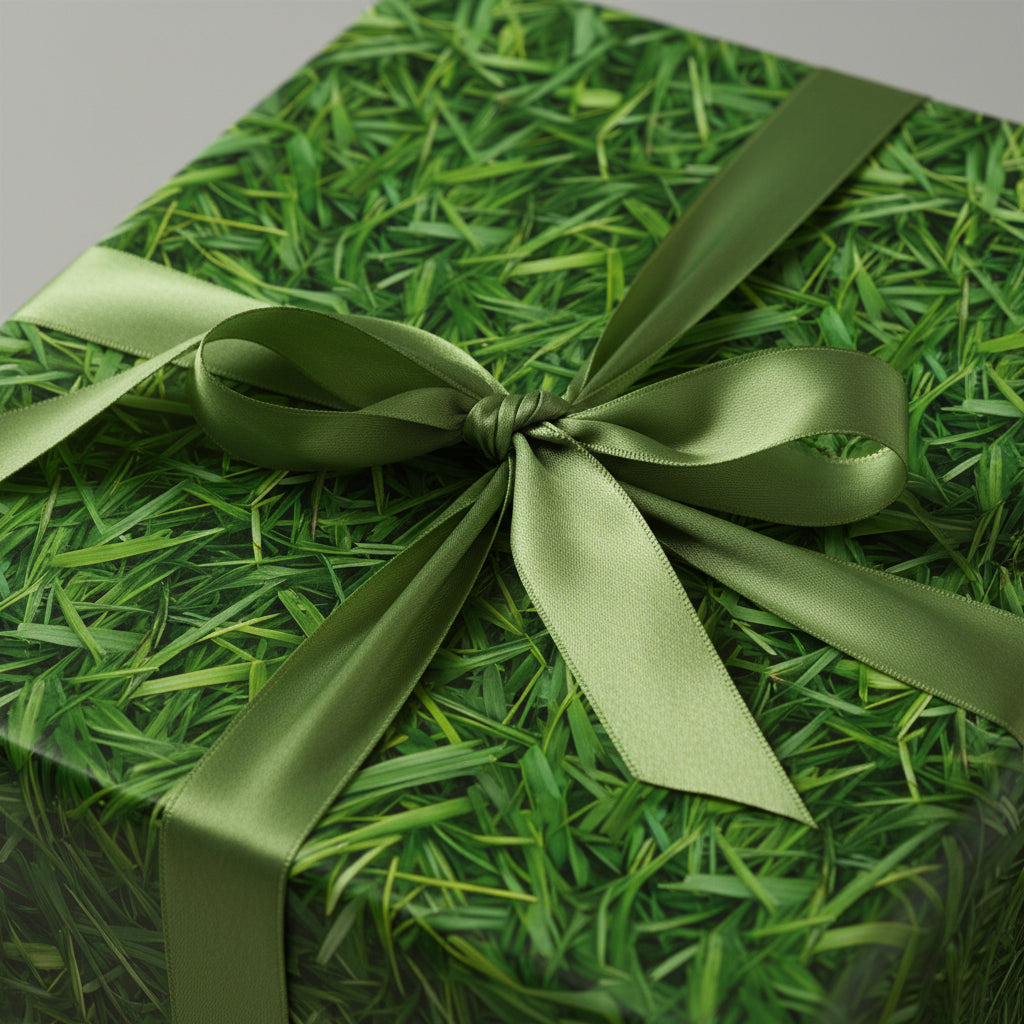Square gift box in modern grass-print wrapping paper, tied with a satin olive-green ribbon.