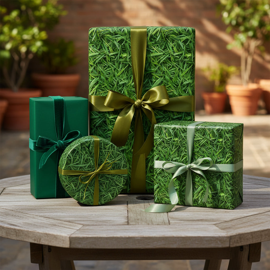 Gifts wrapped in green grass-patterned wrapping paper with matching satin ribbon on a wooden table.