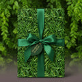 Gift wrapped in novelty grass-patterned wrapping paper with a green satin bow.