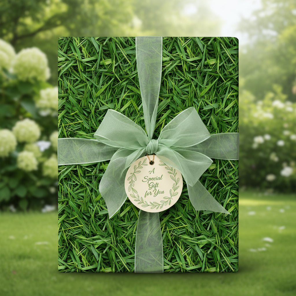 Unique grass textured gift wrapping with sheer green ribbon and tag, perfect for a garden lover.