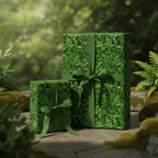 Two presents wrapped in green grass patterned gift wrap with ribbon and bows.