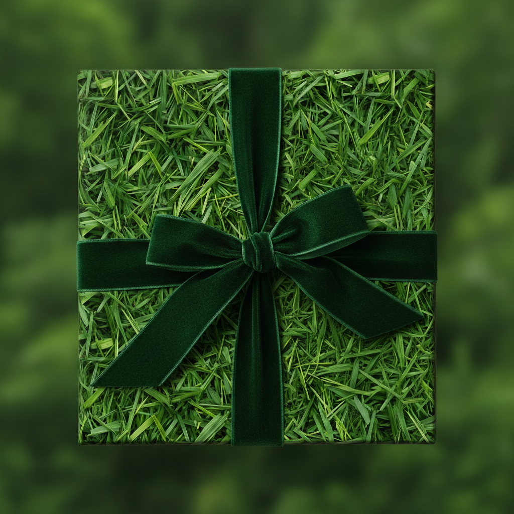 Square gift wrapped in green grass-themed wrapping paper with a dark green velvet ribbon.