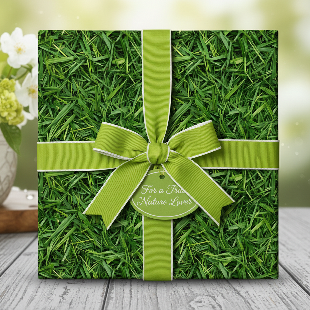 Green grass wrapping paper with a ribbon bow for a true nature lover gift.