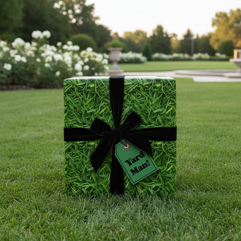 Square gift wrapped in grass-patterned paper with black velvet ribbon, perfect for "Yard Man!" gifts.
