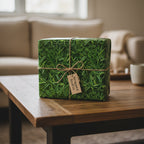 Square gift wrapped in green grass-print paper with jute twine on a wooden table.