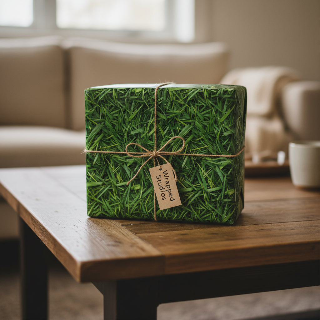Square gift wrapped in green grass-print paper with jute twine on a wooden table.