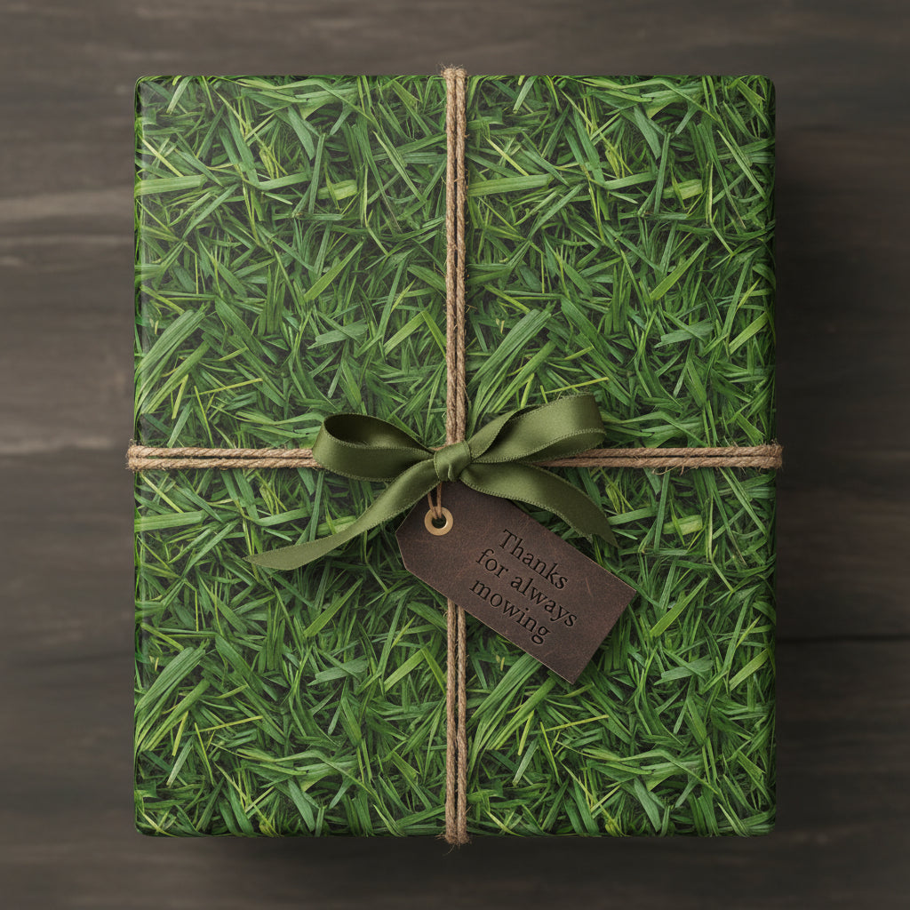 Square gift wrapped in green grass print paper with olive bow and "Thanks for always mowing" tag.
