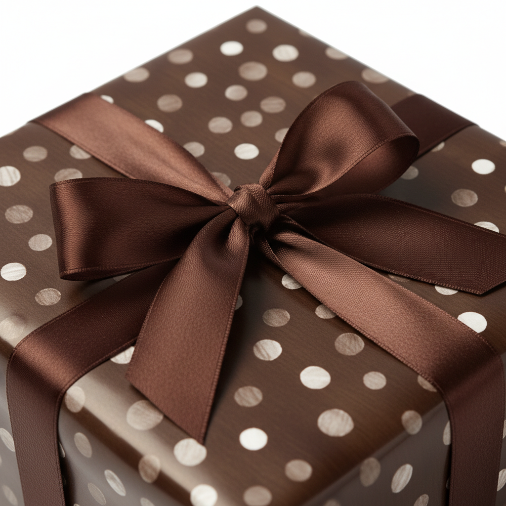 Brown polka dot wrapping paper with a classic chocolate brown satin bow, ideal for elegant birthday or special occasion gifts.