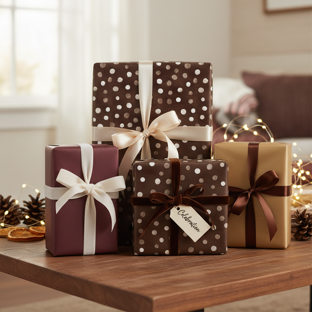Elegant brown polka dot, gold, and burgundy luxury gift wrap with ribbons, pinecones, and twinkle lights for a warm celebration.