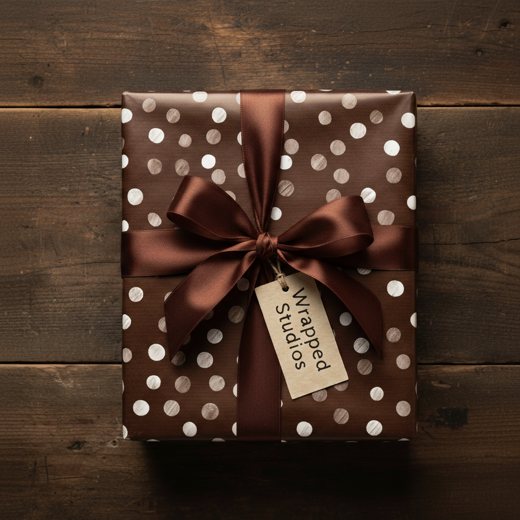 Brown polka dot wrapping paper with a satin ribbon and bow, perfect for a chic birthday or Christmas gift.