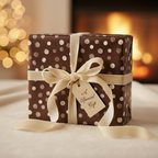 Elegant brown polka dot wrapping paper with a cream ribbon and "A Special Gift" tag, perfect for luxury birthday or Christmas presents.
