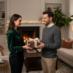 Couple exchanging a modern polka dot gift box with a cream ribbon, set in an elegant holiday living room.