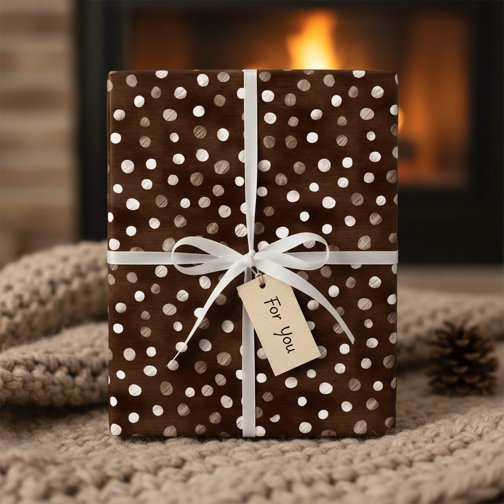 Elegant brown polka dot wrapping paper with a white ribbon and "For You" gift tag, perfect for luxury Christmas or birthday gifts by a fireplace.