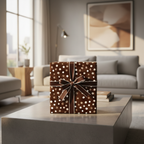 Modern brown polka dot wrapping paper with a dark brown ribbon and white bow, perfect for birthday or luxury gifts on a coffee table.