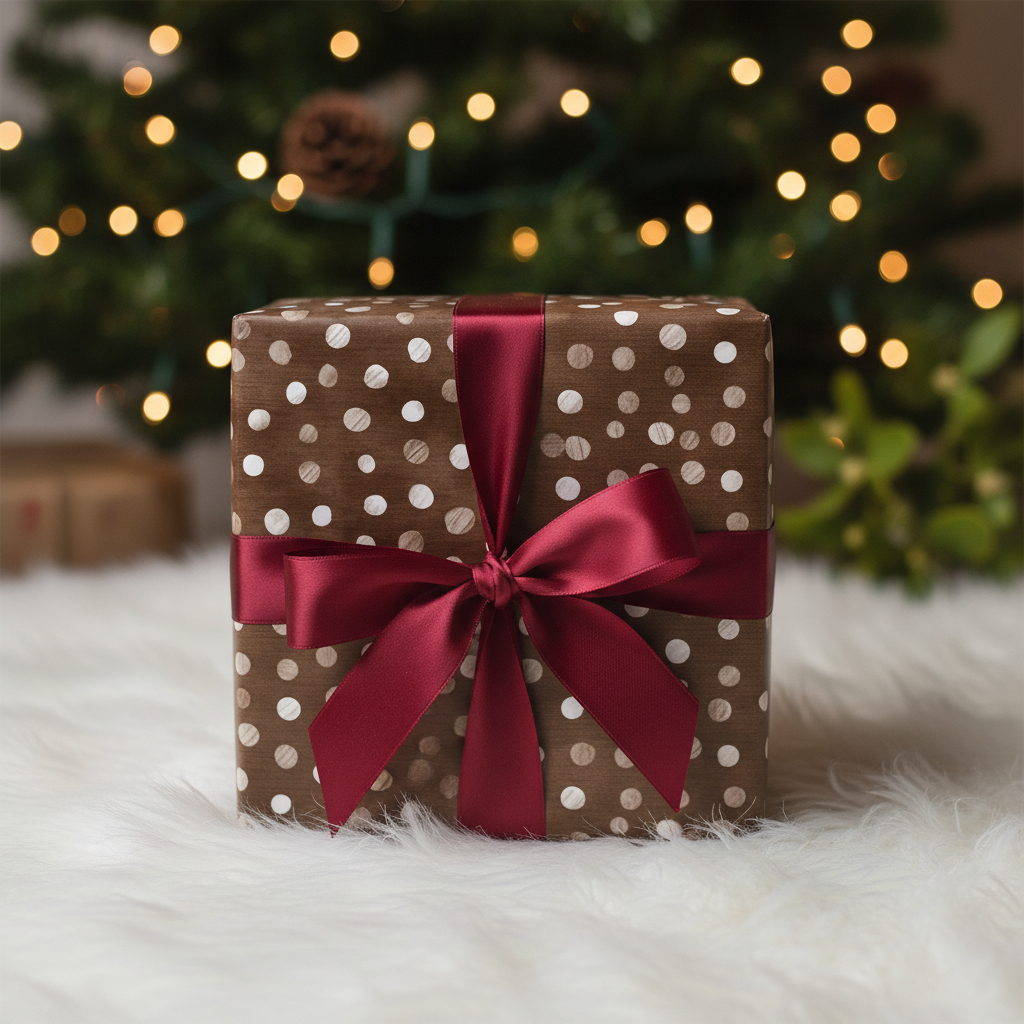 Christmas gift wrapped in elegant brown polka dot paper with a luxurious deep red ribbon and bow, on a fluffy white rug with a decorated tree background.