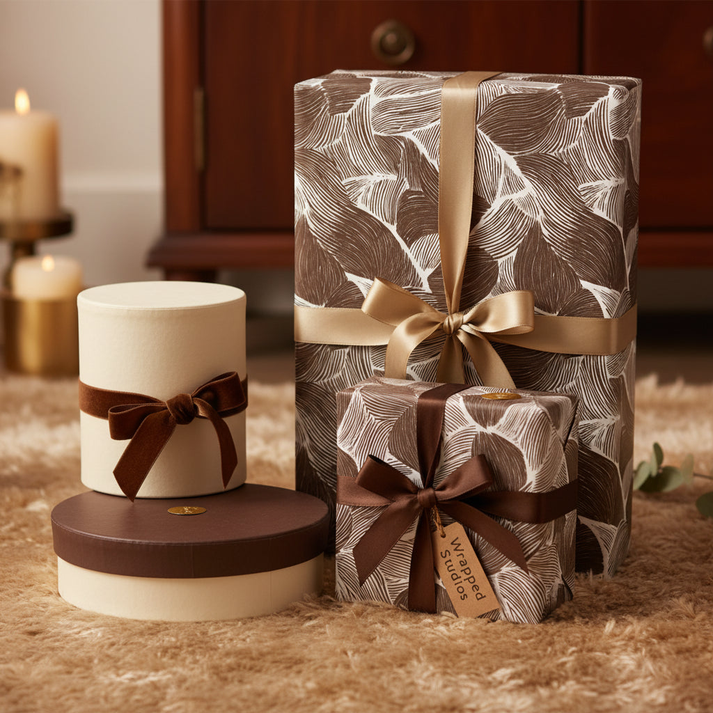 Elegant gifts wrapped in brown leaf pattern wrapping paper with ribbons, for a luxurious touch.
