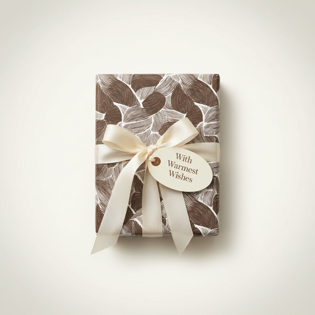 Elegant gift wrapped in brown abstract-patterned paper with a cream ribbon and "Warmest Wishes" tag.
