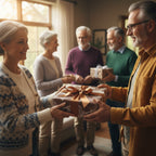 Group exchanging gifts wrapped in geometric pattern gift wrap with bronze ribbon.