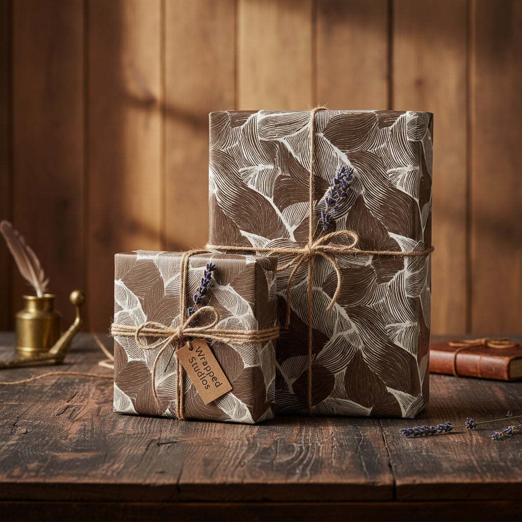 Elegant brown wrapping paper with a leaf pattern, tied with twine and lavender sprigs.