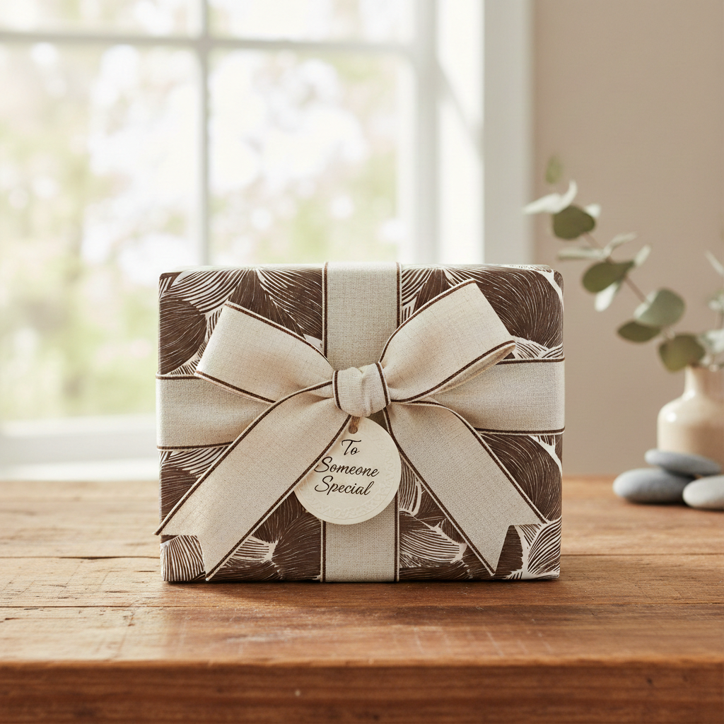 Elegant gift wrapped in brown floral wrapping paper with a neutral ribbon and a 'To Someone Special' tag.