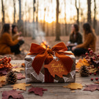 Stylish abstract wrapping paper with velvet bow, Thanksgiving gift, and fall leaves in a cozy outdoor setting.