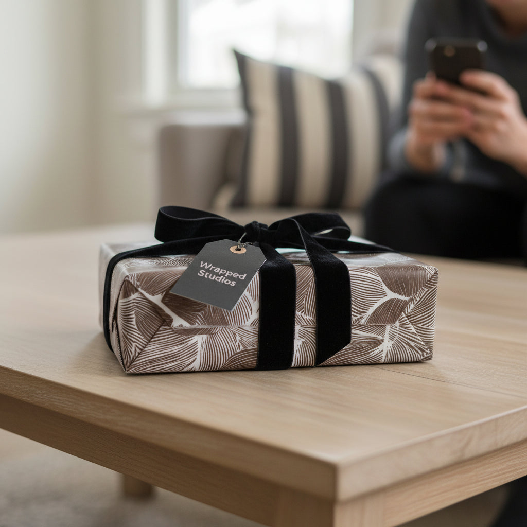 Elegant leaf-patterned gift wrapped in brown and white paper with black velvet ribbon.