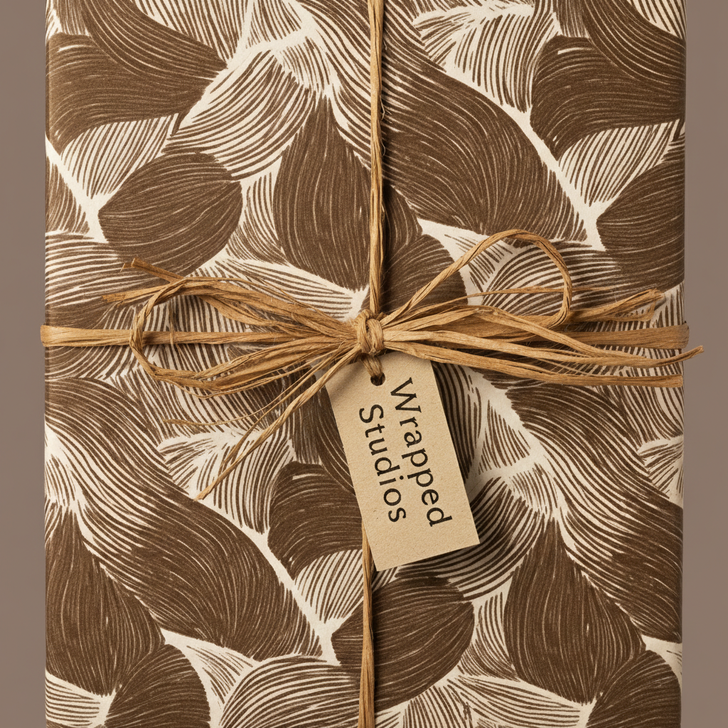 Neutral brown leaf print wrapping paper with raffia bow; minimalist botanical gift wrap.