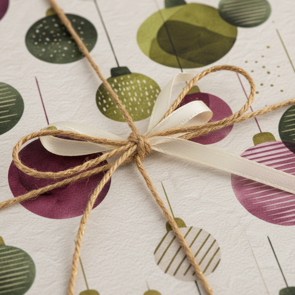 Christmas gift wrapped in modern green and purple ornament paper with natural twine and an ivory ribbon bow.