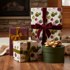 Elegant Christmas wrapping paper featuring green and pink ornaments, tied with luxurious velvet and gold bows, arranged by a warm fireplace.