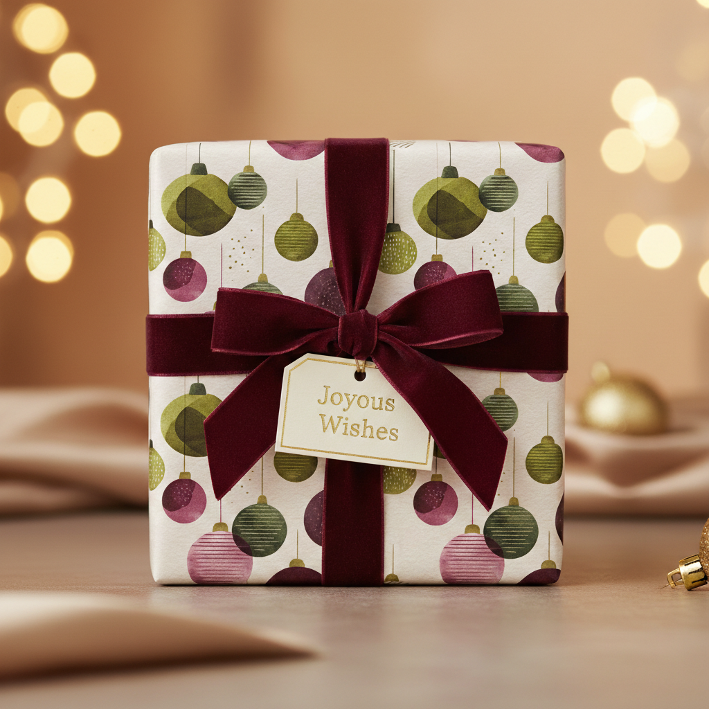 Elegant Christmas wrapping paper with green and purple baubles, a luxurious burgundy velvet ribbon, and a "Joyous Wishes" tag.