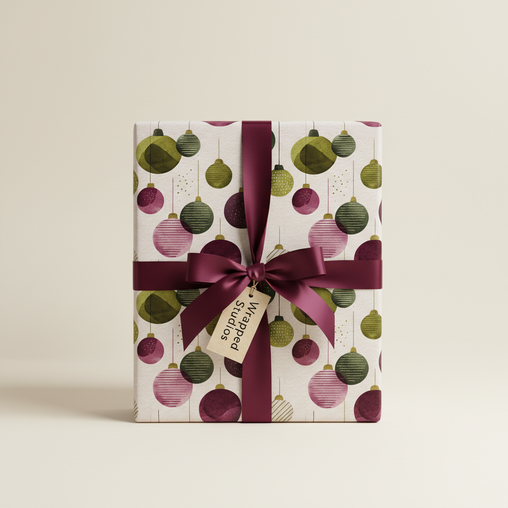Elegant Christmas gift wrap with green and pink ornament pattern, tied with a luxurious burgundy ribbon and tag.