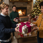 Friends exchanging holiday gifts: one person gives a beautifully wrapped present with a botanical pattern and a pink velvet bow in a cozy Christmas living room.