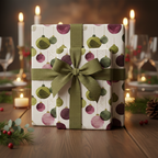 Christmas wrapping paper with green and burgundy ornament pattern, tied with a dark green ribbon and bow, on a festive holiday table.