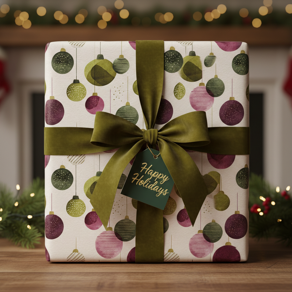 Festive Christmas wrapping paper with green and pink ornament pattern, tied with a velvet green ribbon and "Happy Holidays" tag.