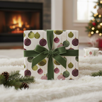Elegant Christmas wrapping paper with watercolor ornaments, a green velvet ribbon, pinecones, and a cozy fireplace scene.