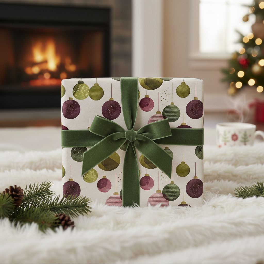 Elegant Christmas wrapping paper with watercolor ornaments, a green velvet ribbon, pinecones, and a cozy fireplace scene.