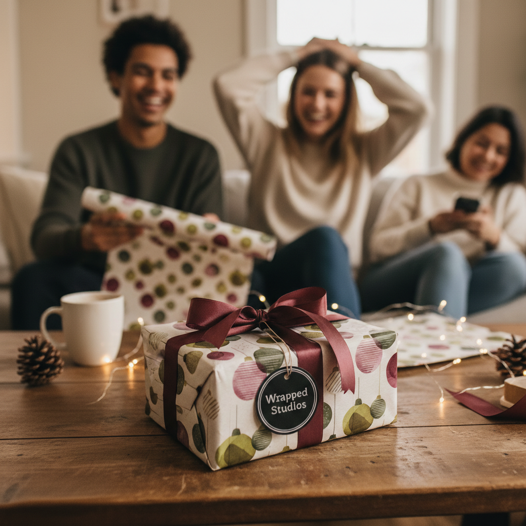 Christmas gift wrap with a festive ornament pattern, deep red ribbon, and custom tag on a rustic wood table.