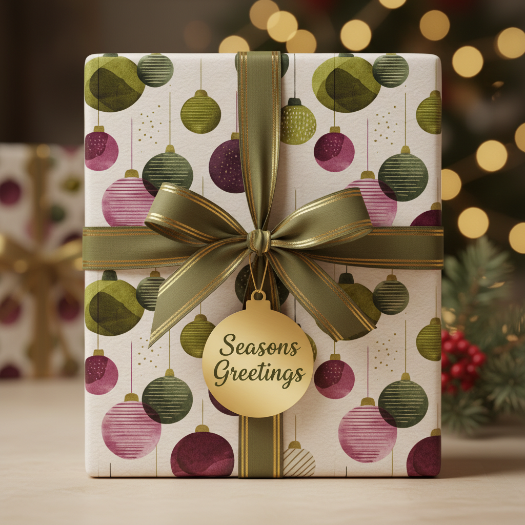 Elegant Christmas gift wrap with green and pink ornament pattern, olive ribbon, and gold "Seasons Greetings" tag.