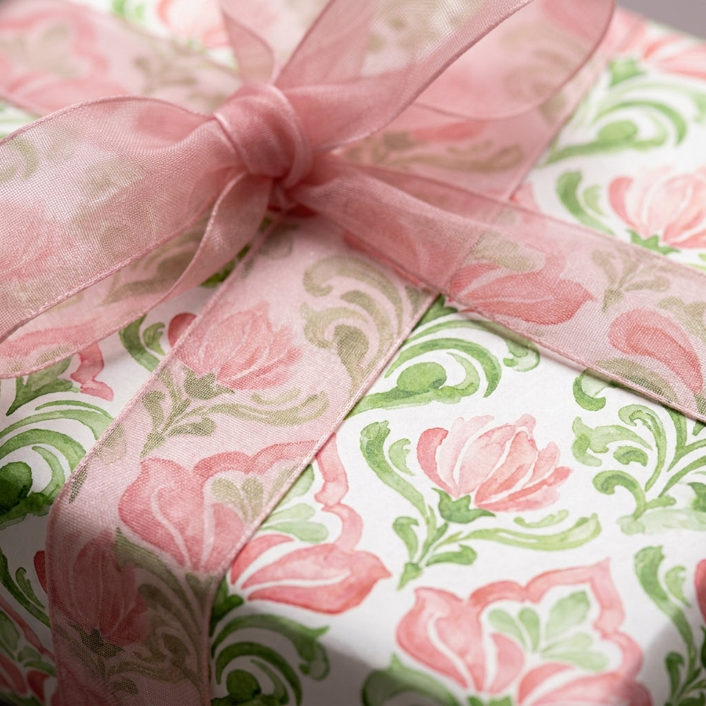 Pink floral wrapping paper with watercolor damask pattern and sheer pink bow by Wrapped Studios.