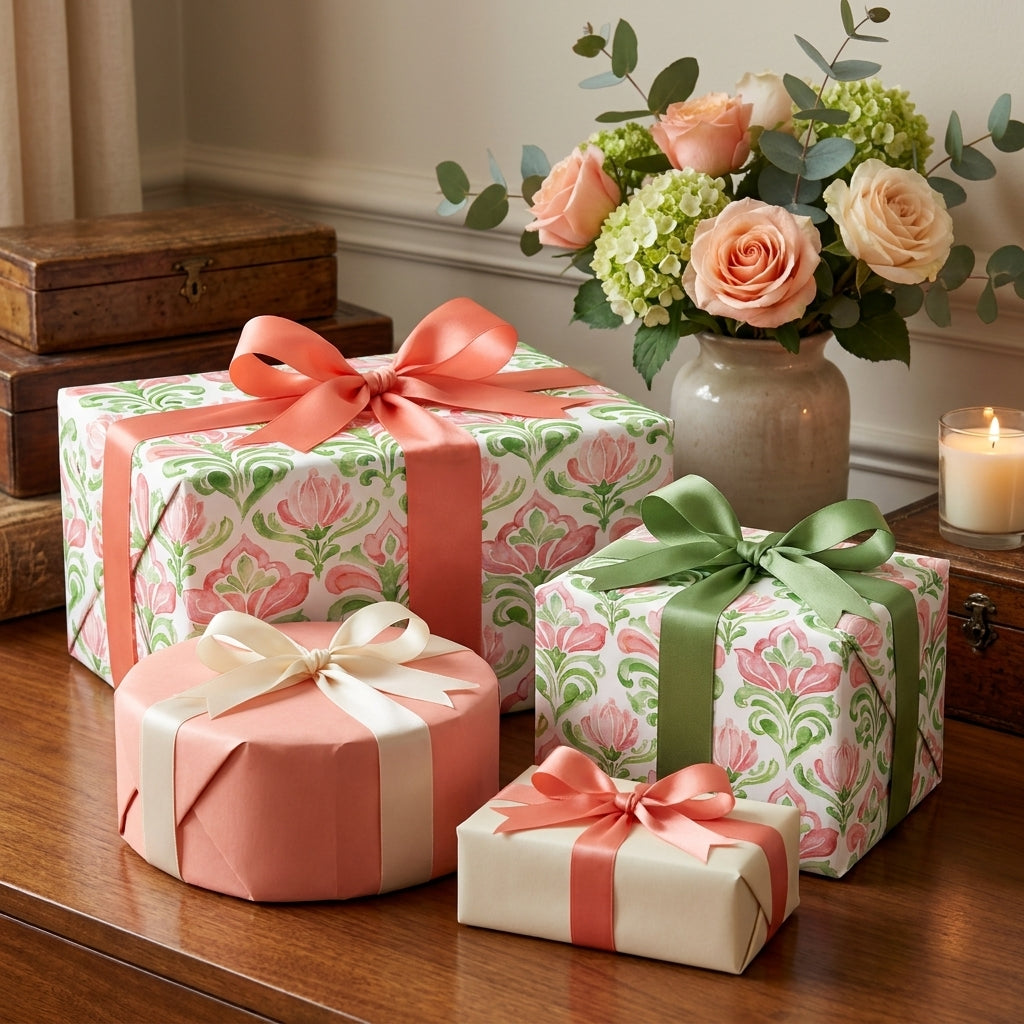 Elegant pink and green floral wrapping paper with luxury satin ribbons by Wrapped Studios.